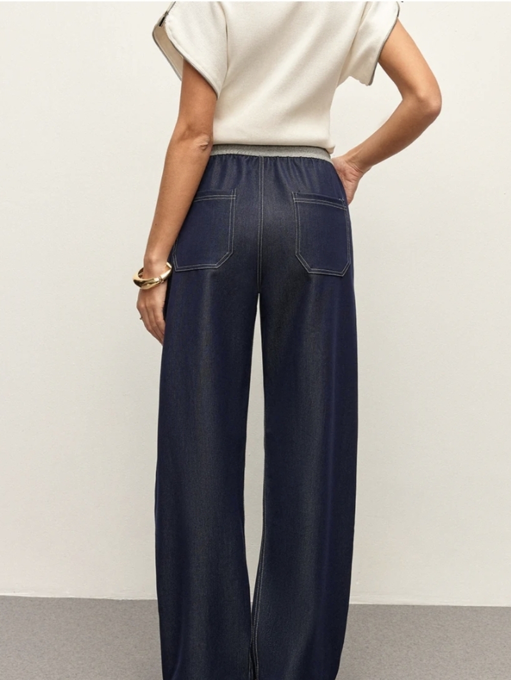 Commense High Waist Drawstring Denium Pants Wide Leg Pockets M - Picture 2 of 9